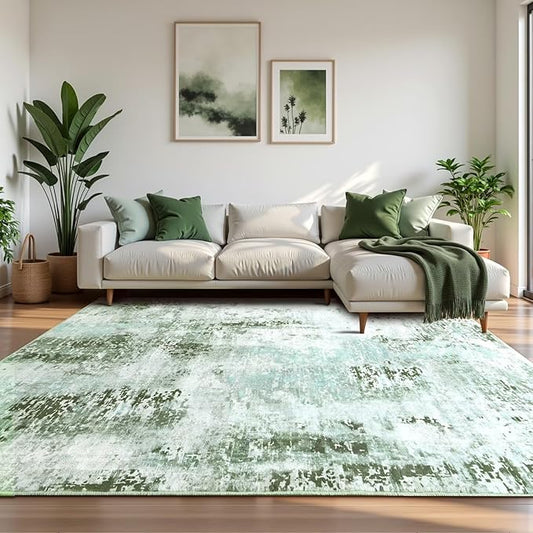 Washable Abstract Rug, 4x6 Modern Area Rugs with Non-Slip Rubber Backed for Living Room, Thin but Soft Contemporary Carpet Kitchen Bedroom Decor, Green