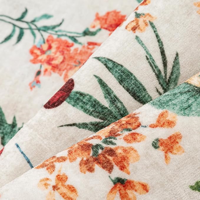 Beige Area Rug 8x10 Floral Washable Living Room Kitchen Boho Carpet Non Slip Low Pile Indoor Accent Lightweight Soft Throw Rug for Bedroom Office Dining Room Nursery Farmhouse
