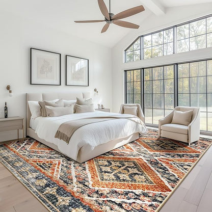Area Rug 4x6 Rug Machine Washable Non-Slip Low Pile Print Pattern Western Rug for Living Room Bedroom Entryway Tribal Series -Orange/Brown
