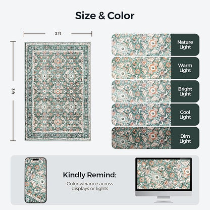 WITSHOCK Washable 2x3 Entryway Area Rug: Soft Non-Slip Backing Washable Rugs Vintage Flower Boho Accent Small Rugs for Bedroom, Kitchen, Bathroom, Nursery Entrance,Teal Blue