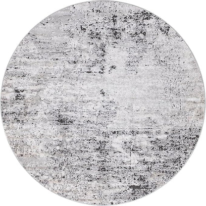 Rugs.com Leipzig Collection Round Rug – 6 Ft Round Grey Low-Pile Rug Perfect for Kitchens, Dining Rooms