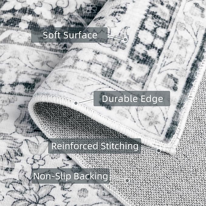 Deerly Grey Rug 6x9 Rugs for Living Room Distressed, Washable Area Rugs Non Slip Large Rug for Bedroom Dining Room Office, Floor Decoration Big Rug Mat Low-Pile(Grey)