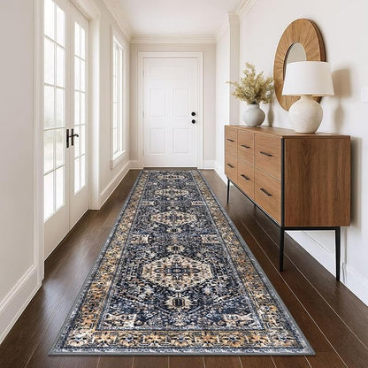 KOZYFLY Runners for Hallways 3x12 Ft Extra Long Washable Kitchen Thin Runner Boho Runner Rug for Entryway Indoor Printed Faux Wool Stair Runner Floor Carpet for Stair Kitchen Hall, Gold/Navy