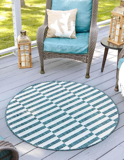 Unique Loom Outdoor Striped Collection Area Rug - Striped (4' 1" Round, Teal/Ivory)