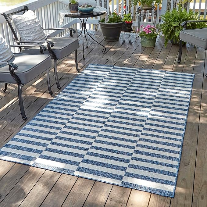 Unique Loom Outdoor Striped Collection Area Rug - Striped (7' 10" x 10' Rectangle Blue/Ivory)