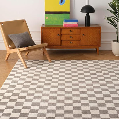 Revival Rugs Gambit 7'10"x10' Checkered Rug Washable Area Rug for Living Room Bedroom - 100% Recycled Oeko-TEX Certified, Medium Pile, Gray, Beige