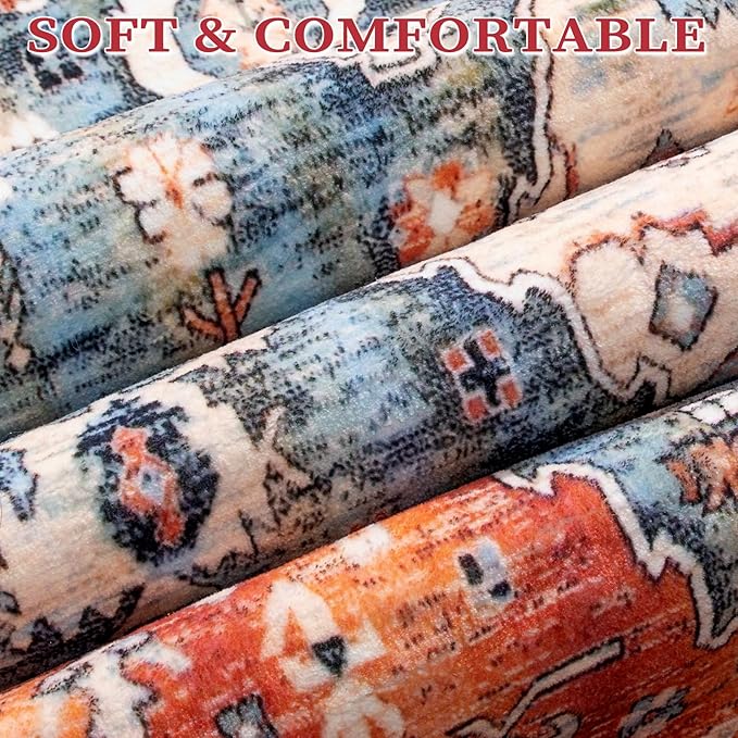 SERISSA Washable Rugs 6x9 Area Rugs, Large Non-Slip Boho Living Room Rug, Ultra Soft Vintage Print Distressed Oriental Tribal Farmhouse Carpet for Dining Room Bedroom Dorm Office Home Decor