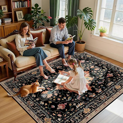 Area Rugs 6'x9' Washable Non-Slip, Floral Vintage Distress Print Pattern Medallion Carpet for Living Room Bedroom Dining Room, Black Colorful Floral Dark Tan