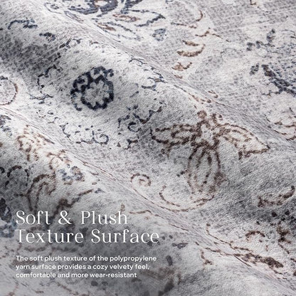 Phantoscope Washable Area Rug 8'x10' Non-Slip, Vintage Neutral Rugs for Living Room, Bedroom, Dining Room, Distressed Boho Floral Medallion Pattern, Low-Pile Foldable Floor Carpet, Light Grey/Neutral