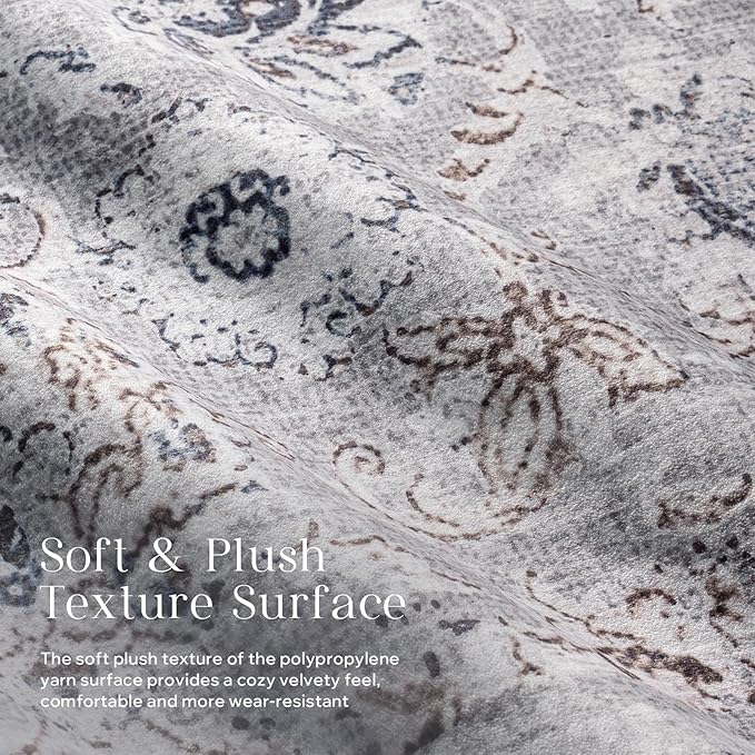 Phantoscope Washable Runner Rug 2'x10' Non-Slip, Vintage Neutral Hallway Rugs for Entryway, Stair, Bedroom, Distressed Boho Floral Medallion Pattern, Low-Pile Foldable Carpet, Light Grey/Neutral