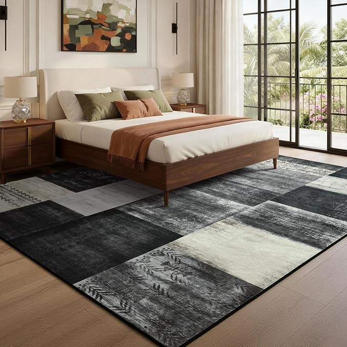 DweIke Washable Area Rugs for Living Room, 5x7 Soft Bedroom Rugs, Geometric Print Non-Slip Modern Rug, Stain Resistant Throw Carpets for Office Nursery Dining Room Home Dorm Decor, Black and White
