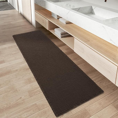 Upgraded Waffle Runner Rug Super Absorbent Non Slip Bath Mats for Bathroom Machine Washable Bathroom Runner Rug with Tassels, Ideal for Hallway Bedroom Laundry Room, Chocolate, 2'x 4'(24" x 48")