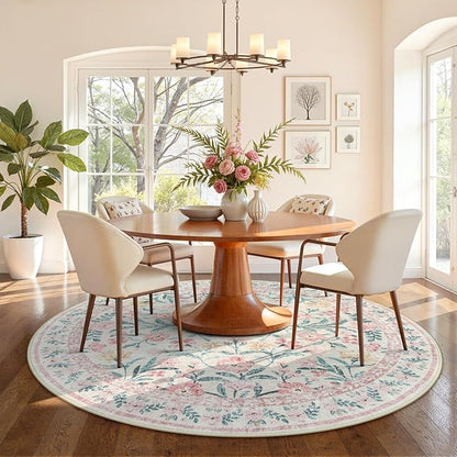 Wonnitar Washable Round Rugs 6ft, Pink Floral Circle Rug Large Round Carpet for Bedroom, Boho Soft Ultra-Thin Circular Carpets for Kids Playroom Living Room Nursery