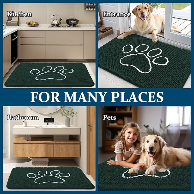 OLANLY Dog Door Mat for Muddy Paws 70x46, Paw Print Design, Absorbs Moisture and Dirt, Absorbent Non-Slip Washable Doormat, Quick Dry Chenille Mud Mat, Entry Indoor Entryway Carpet, Blackish Green