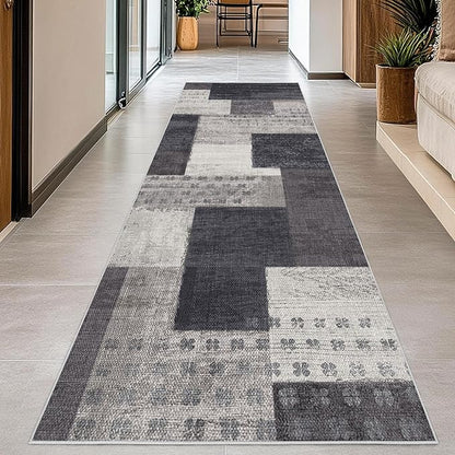 Modern Geometric Patchwork Indoor Runner Rug for Living Room, Charcoal 2'x 6' Rug Rockwood Collection Hardwood Floors Decor for Bedroom, Grey Throw Carpet for Office Entryway Dining Room