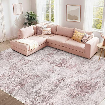 9x12 Area Rug Living Room Rugs - Washable Neutral Modern Abstract Soft Thin Large Rug Indoor Floor No Slip Rug Carpet for Bedroom Under Dining Table Home Office Decor - Pink