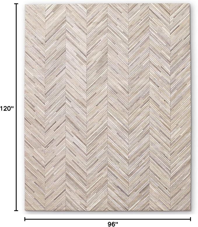 Elegant Rectangular Rug Cowhide Leather Luxury Non Slip Chevron Patchwork Area Rug for Living Room, Home Décor and Indoor Carpet (Beige-8 x 10 ft)