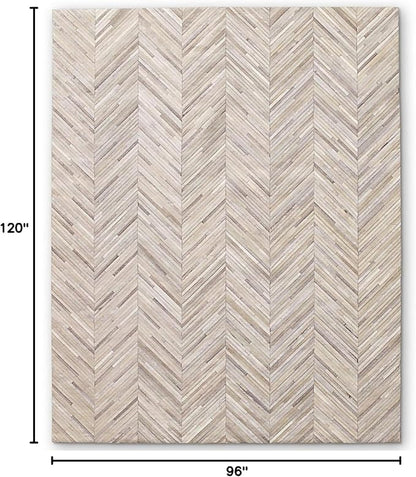 Elegant Rectangular Rug Cowhide Leather Luxury Non Slip Chevron Patchwork Area Rug for Living Room, Home Décor and Indoor Carpet (Beige-8 x 10 ft)