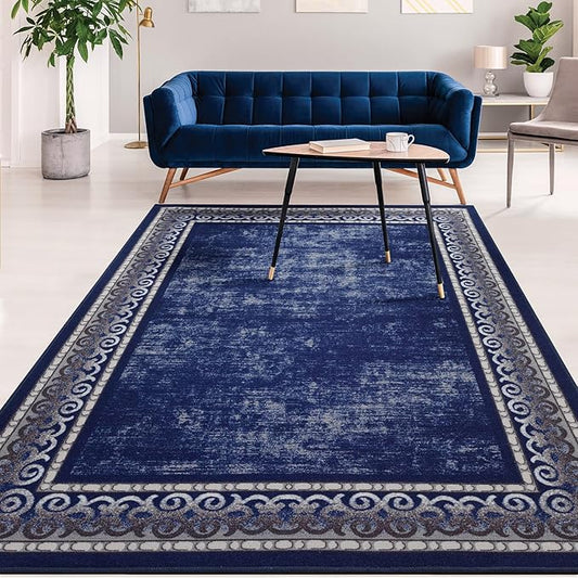 Antep Rugs Alfombras Bordered Modern 8x10 Non-Slip (Non-Skid) Low Pile Rubber Backing Indoor Area Rug (Navy, 7'10" x 10')