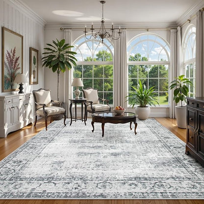 Lahome Vintage 9x12 Washable Grey Rugs for Living Room Bedroom, Boho Dining Room Rugs for Under Table, Soft Non Slip Indoor Throw Carpet for Home Office Playroom (9x12ft,Grey)