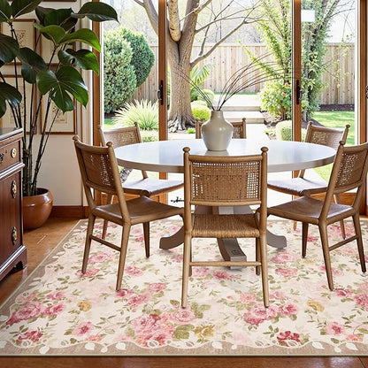Lahome Vintage Floral 8x10 Area Rugs,Soft Living Room Rugs Boho Large Area Rug Machine Washable, Low Pile Pink Rugs for Bedroom Girls Carpet for Nursery Rug Playroom Dining Room(8'X10',Beige)