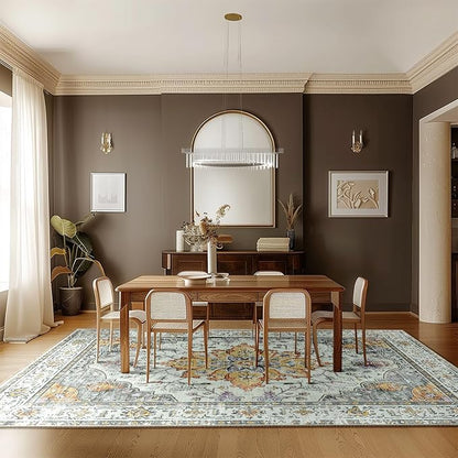 Area Rugs 9'x12' Washable Non-Slip, Floral Vintage Distress Print Pattern Medallion Carpet for Living Room Bedroom Dining Room, Light Yellow Carbon Grey Orange