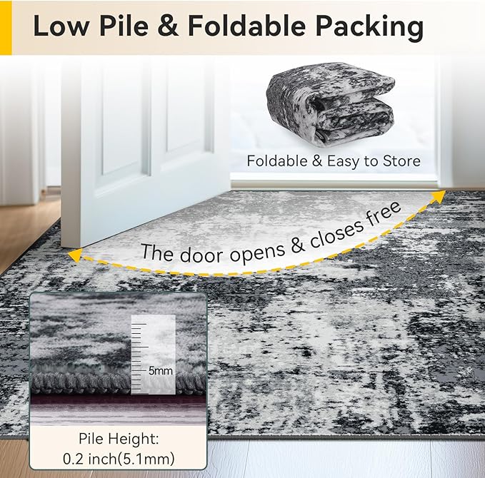 Washable Area Rugs 8'x10' Non-Slip Modern Abstract Soft for Living Room Entryway Bedroom Nursery, Print Pattern, Black Gray