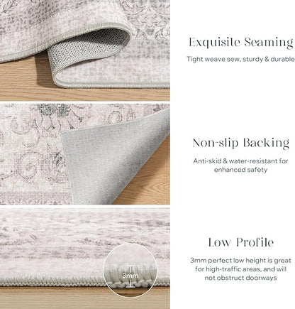 Phantoscope Washable Runner Rug 2'x6' Non-Slip, Vintage Neutral Hallway Rugs for Entryway, Stair, Bedroom, Distressed Boho Floral Medallion Pattern, Low-Pile Foldable Carpet, Cream Beige/Neutral