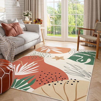 Lahome 5x7 Area Rug for Living Room, Washable Rugs 5x7 for Bedroom Soft Kids Nursery Carpet, Boho Botanical Print Non-Slip Low Pile Carpet for Office Playroom Kitchen Entryway, Coral