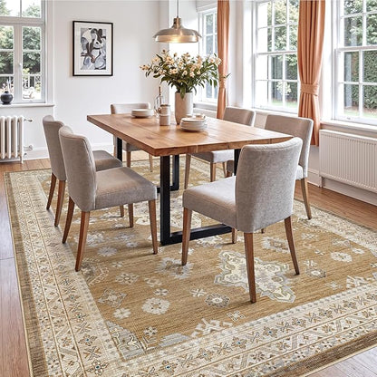 DEXI 4x6 Area Rug for Living Room, Washable Vintage Farmhouse Thin Rug Indoor Floor, Non Slip Stain Resistant Low Pile Carpet for Dining Room Bedroom Office, Light Brown
