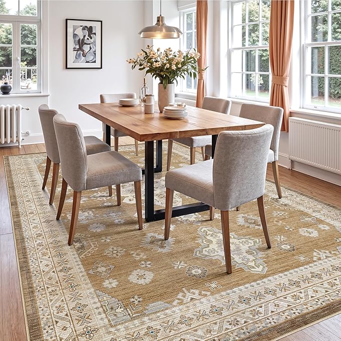 DEXI 8x10 Area Rug for Living Room, Washable Vintage Farmhouse Thin Rug Indoor Floor, Non Slip Stain Resistant Low Pile Carpet for Dining Room Bedroom Office, Light Brown