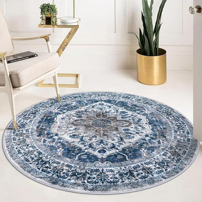 KOZYFLY Round Rug 5 Ft Rugs for Entryway Washable Circle Entrance Rug Non Slip Round Doormat Indoor Printed Faux Wool Round Front Door Mat Floor Carpet for Backdoor, Entryway, Bedroom, Blue