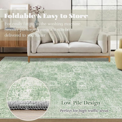 Area Rug 6x9 Washable Rug, Vintage Boho Medallion Rugs Non-Slip Soft Low Pile Large Distressed Rug Indoor Retro Carpet for Living Room Bedroom Dining Room Home Office (Sage Green, 6'x9')