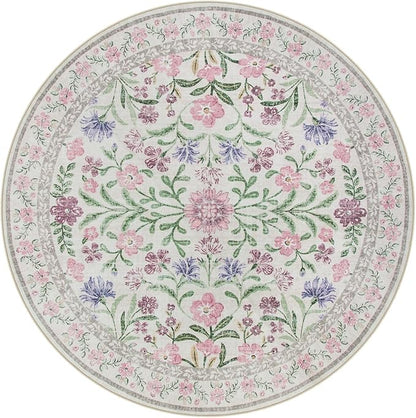 Wonnitar Floral Purple Round Area Rug 5ft, Soft Washable Kids Room Rug, Boho Ultra-Thin Non Slip Circle Carpet for Bedroom Girls Nursery Dorm Living Room Classroom, Light Purple/Pink