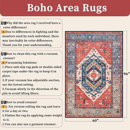 SERISSA 5x8 Area Rugs for Living Room, Large Washable Non-Slip Boho Rug, Ultra Soft Vintage Rust Oriental Tribal Print Distressed Carpet for Bedroom Dining Room Dorm Office Home Decor