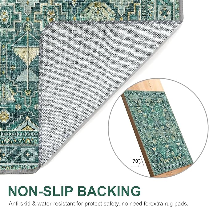 Bavni Washable Rug 8x10 Area Rug for Living Room Bedroom Dining, Washable Vintage Print Carpet, Ultra-Thin Chenille Low Pile Lightweight Rug with Non Slip Backing, Dark Green
