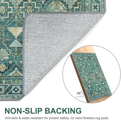 Bavni Washable Rug 8x10 Area Rug for Living Room Bedroom Dining, Washable Vintage Print Carpet, Ultra-Thin Chenille Low Pile Lightweight Rug with Non Slip Backing, Dark Green