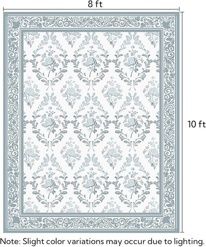 SOULFUL Medium Pile 8x10 Rugs for Living Room - Soft Underfoot Large Area Rug - Mist Blue Boho Floral - Washable Non-Slip - Perfect for Bedroom Kids Room Under Dining Table Office