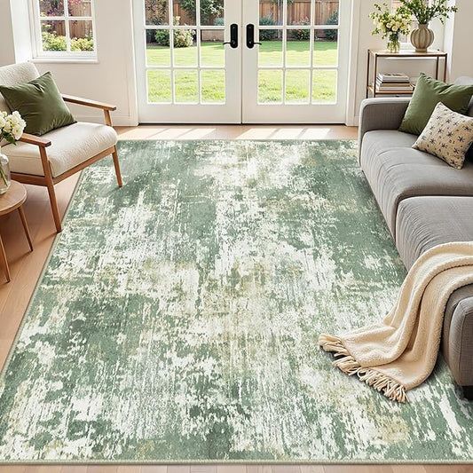 Washable Area Rugs 6'x8' Non-Slip Modern Abstract Soft for Living Room Entryway Bedroom Nursery, Print Pattern, Light Green/Yellow