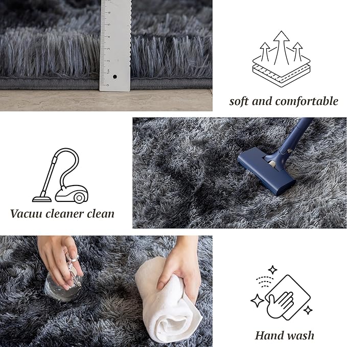 5x7 Area Rugs for Living Room Bedroom, Soft Fluffy Shaggy Bedside Rug, Indoor Floor Carpet for Kids Playroom, Dorms, Nursery Rooms, Home Decor (Tie-Dyed Dark Grey 5'x7')