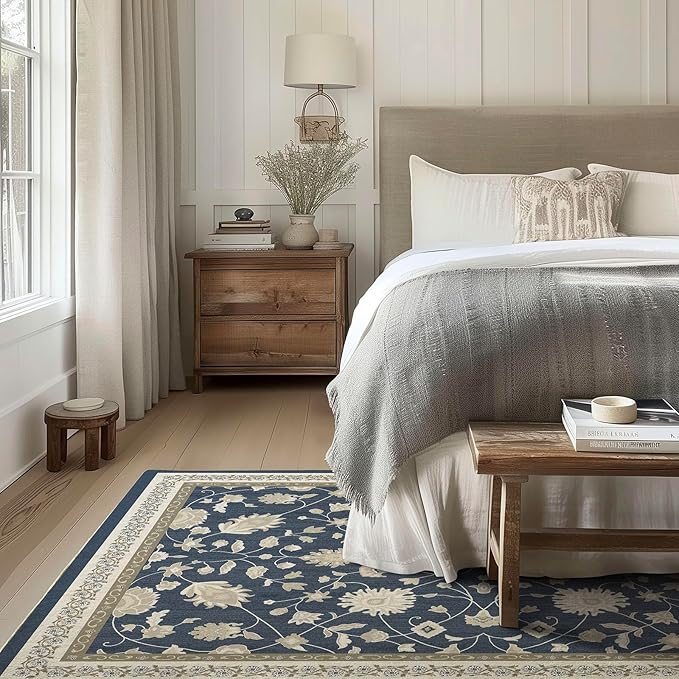 EVERGRACE Area Rugs for Living Room 5x7, Boho Floral Faux Wool Indoor Outdoor Rugs, Washable Rugs for Bedroom Dining Room Entryway Kitchen, Low Pile Floor Mat Carpet for Home Decor, Navy Blue