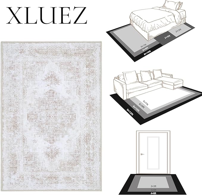 Area Rug 6x9 Living Room Rug, Machine Washable Vintage Distressed Medallion Rug Non-Slip Soft Low Pile Large Indoor Rugs for Bedroom Kitchen Dining Room Office(Beige,6'x9')