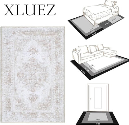Entryway Rug 2x3 Vintage Rugs, Machine Washable Small Area Rug Retro Medallion Distressed Rugs Non-Slip Soft Low Pile Throw Rug for Entryway Bedroom Bathroom Hallway Kitchen(Beige,2'x3')