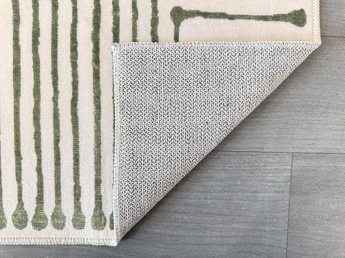 GLN Rugs Contemporary Collection - Machine Washable Area Rug, Contemporary Washable, Non Slip, Low Pile Chenille Rug, Living Room, Bedroom, Kitchen Rug (2' x 3' Green Beige)
