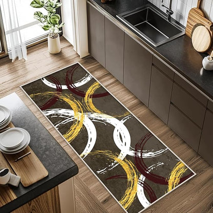 Gold White Red Circle Pattern Runner Rug, 4x10ft Washable Hallway Entrance Rugs - Corridor & Foyer Long Accent Rug, Modern Stylish Decor Carpet for Home Runner Non-Slip Mat