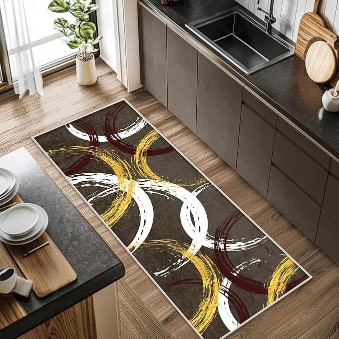 Gold White Red Circle Pattern Runner Rug, 2x8ft Washable Hallway Entrance Rugs - Corridor & Foyer Long Accent Rug, Modern Stylish Decor Carpet for Home Runner Non-Slip Mat