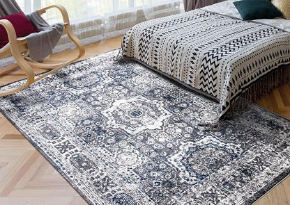 Keen Home Design Area Rugs - Non-Shedding, Thick Pile Abstract Rugs for Kitchen, Living Room, Bedroom, Dining Room, Entryway (Medallion Grey/Blue/Cream, 7'3'' x 10'2'')