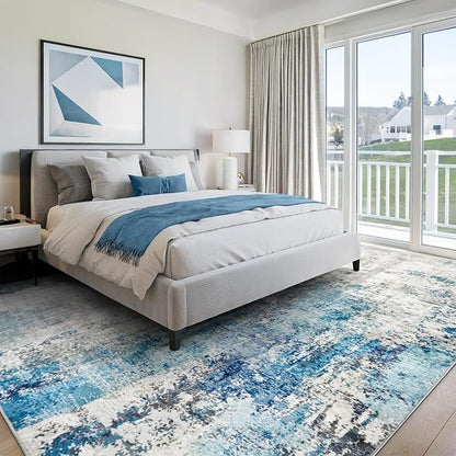 Washable Area Rugs for Living Room 8x10 - Large Neutral Modern Abstract Rug, Soft Low Pile Carpet with Non Slip Backing for Under Dining Room Table, Bedroom, Home, Office, Dorm - Blue Gray