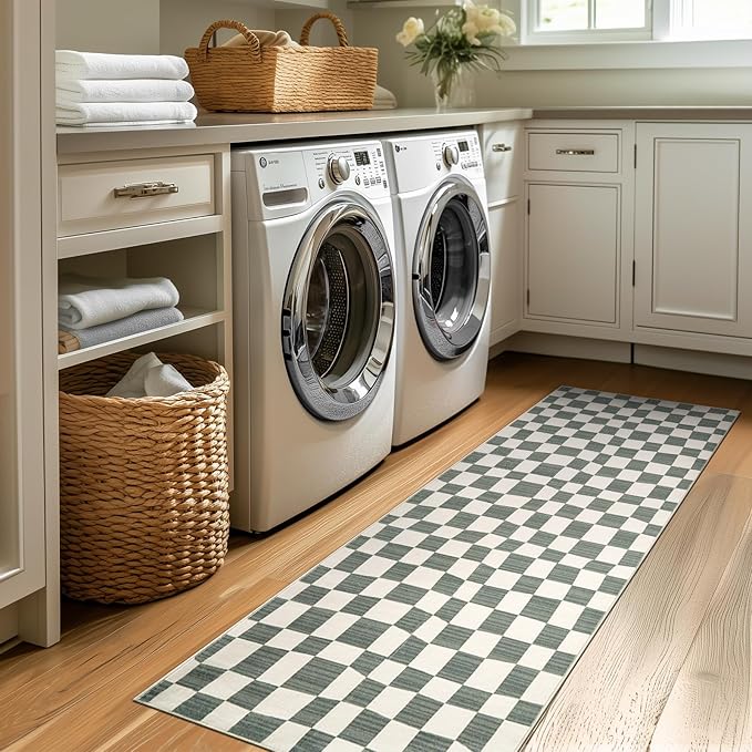 jinchan Runner Rug 2x6 Hallway Washable Modern Checkered Geometric Lattice Kids Bedroom Rug Indoor Floor Cover Non Slip Soft Carpet for Nursery Room Kitchen Laundry Room Home Grey