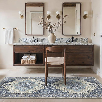 2'6''x6 Runner Rugs for Hallway, Machine Washable Non Slip Vintage Rugs, Low Pile Lightweight Soft Print Rug for enrtyway, Corridor, Home Office, Kitchen, Center Blue